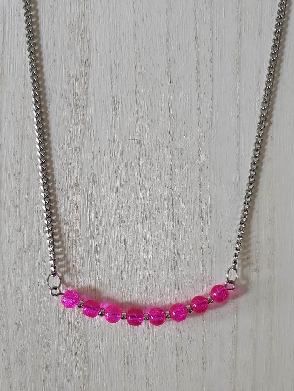 Silver Necklace with Hot Pink Glass Crackle Beads